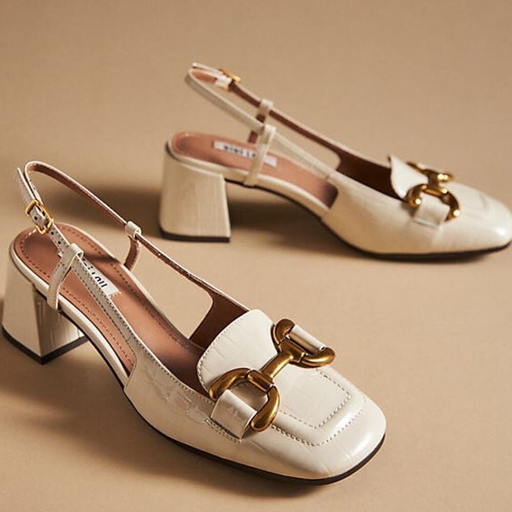 Cream Block Heel Slingback Loafer with Gold Hardware